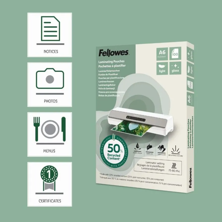 Fellowes - 100 pochettes de plastification A6 - recyclé - brillantes