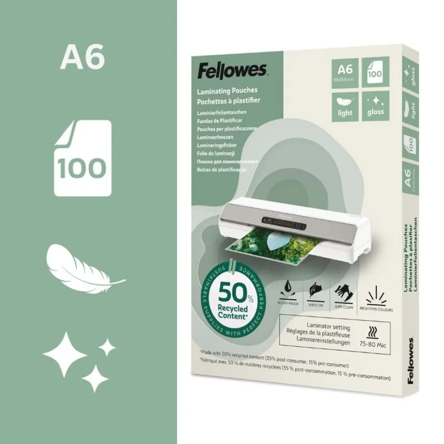 Fellowes - 100 pochettes de plastification A6 - recyclé - brillantes