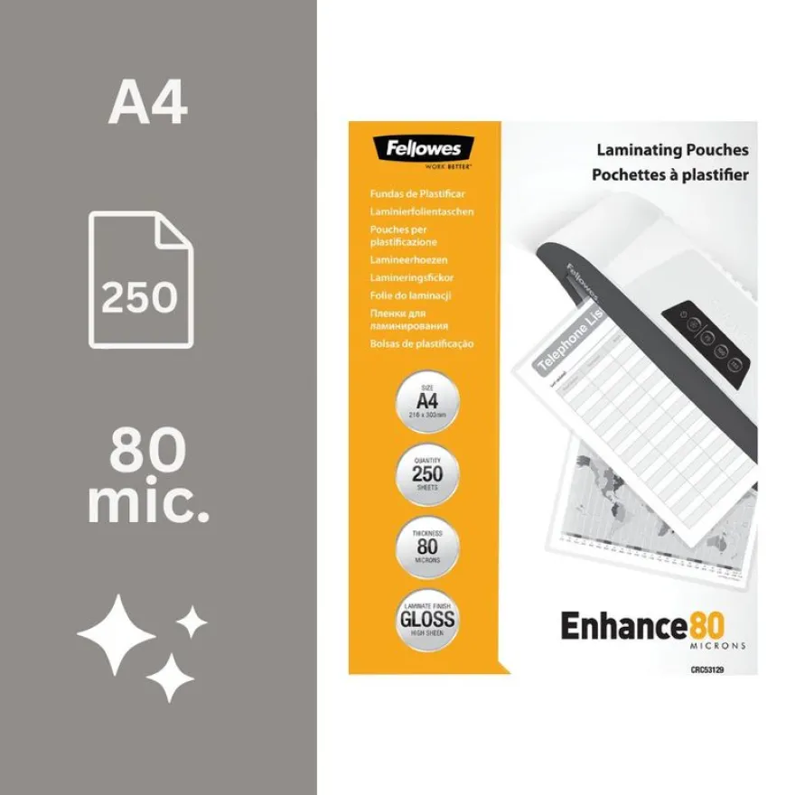 Fellowes - 250 pochettes de plastification A4 (216 x 303 mm) - 80 microns - brillantes