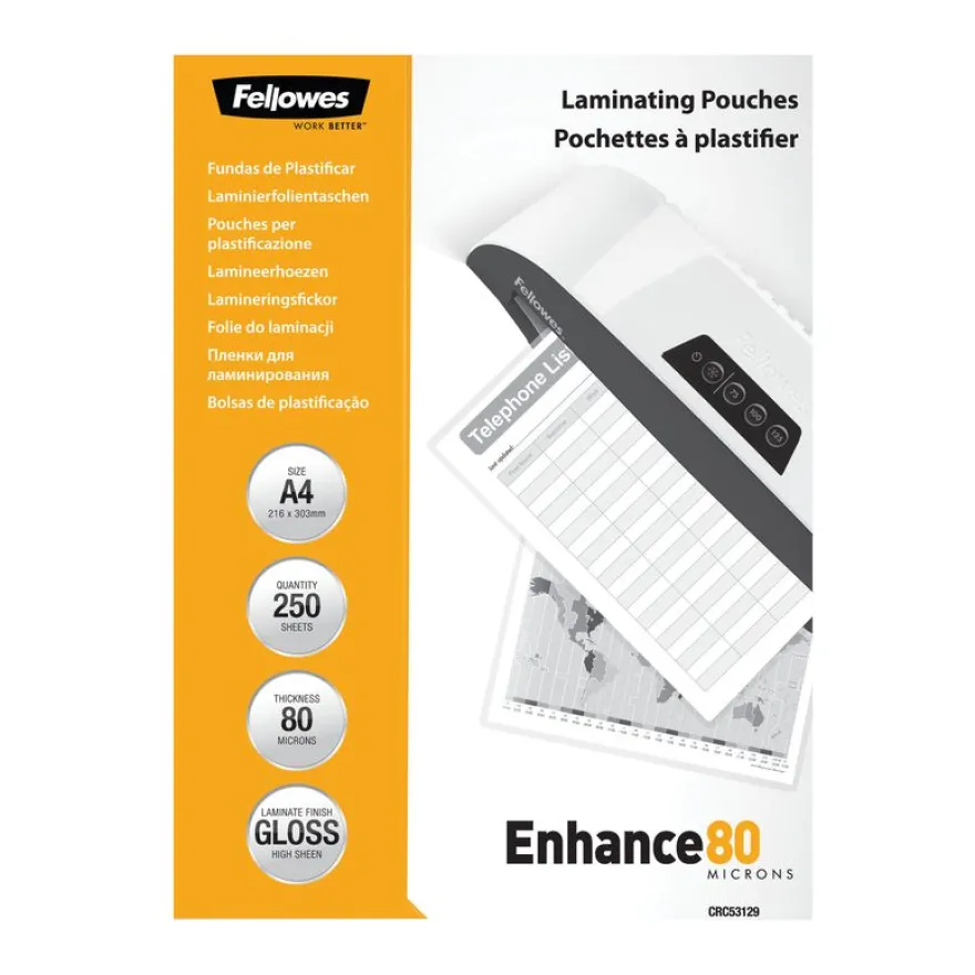 Fellowes - 250 pochettes de plastification A4 (216 x 303 mm) - 80 microns - brillantes