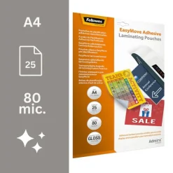 Fellowes - 25 pochettes de plastification A4 (216 x 303 mm) - 80 microns - brillantes dos adhésif