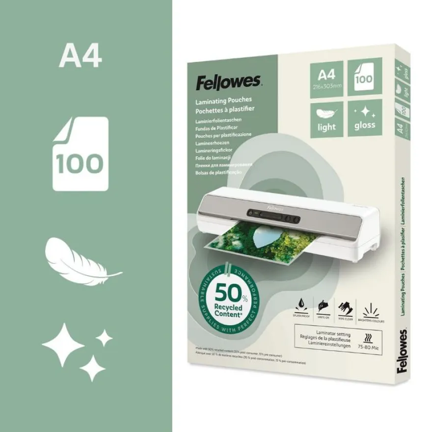 Fellowes - 100 pochettes de plastification A4 - recyclé - brillantes