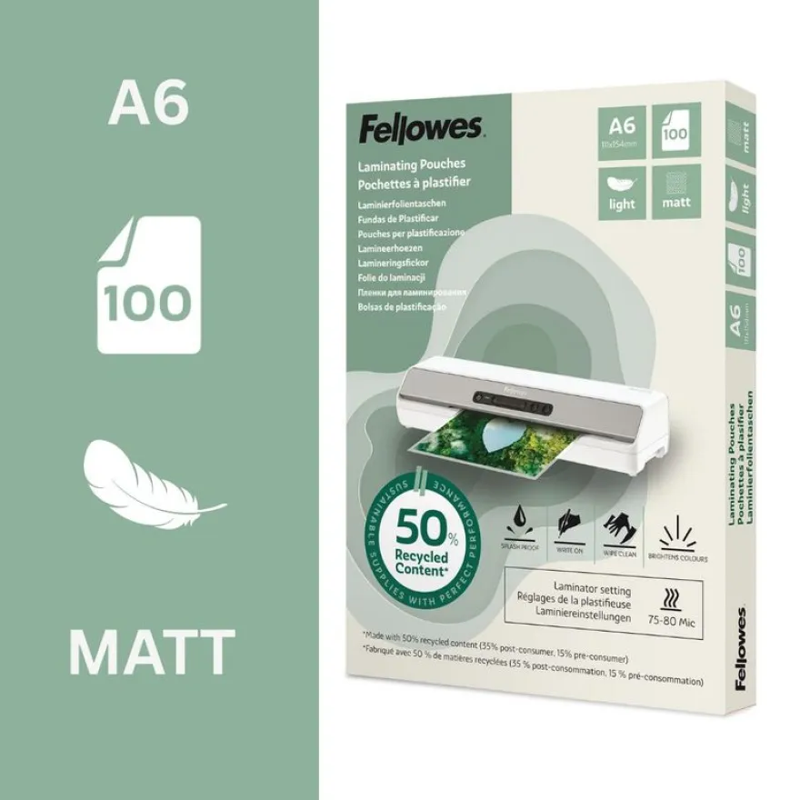 Fellowes - 100 pochettes de plastification A6 - recyclé - mates