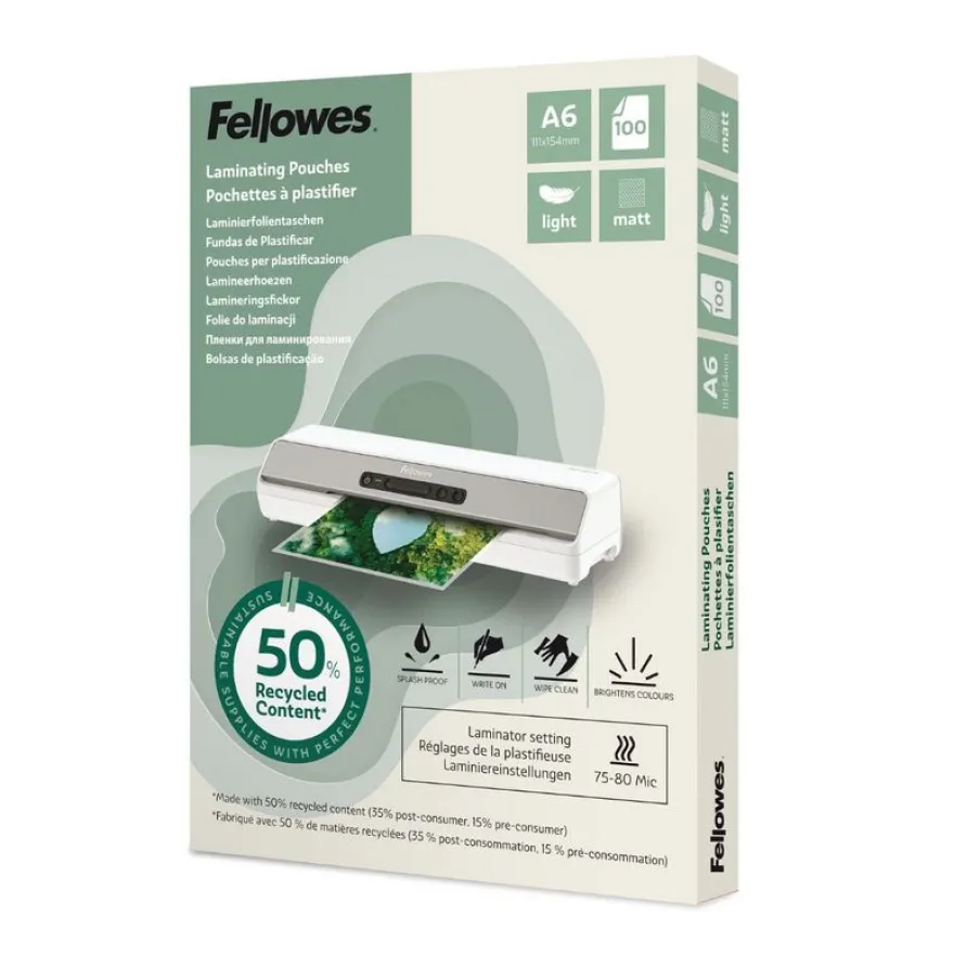 Fellowes - 100 pochettes de plastification A6 - recyclé - mates