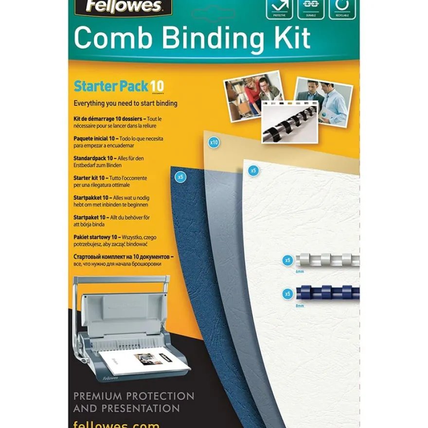 Fellowes - kit de démarrage de reliure A4 (21 x 29,7 cm) - pour 10 dossiers avec anneaux plastique 6 mm (x5), 8 mm (x5) jusqu'à 40 feuilles
