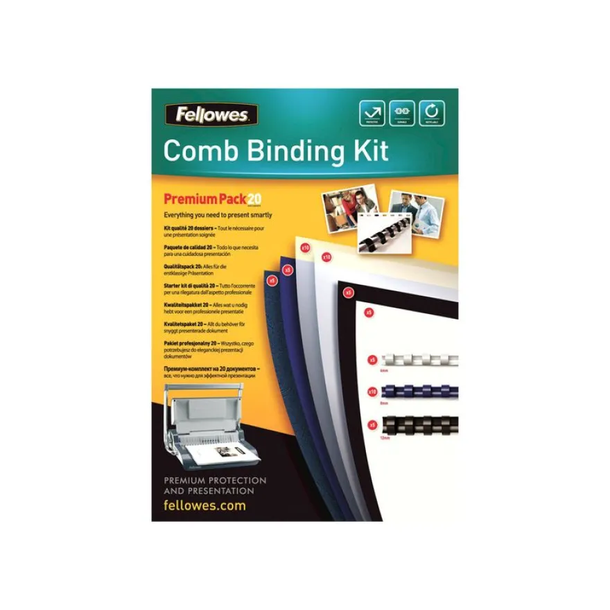 Fellowes - kit de démarrage de reliure A4 (21 x 29,7 cm) - pour 20 dossiers avec anneaux plastique 6mm (x5), 8mm (x10), 12mm (x5) jusqu'à 80 feuilles