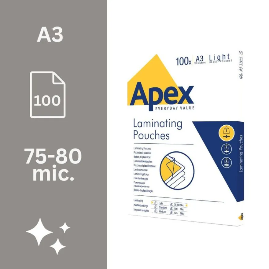 Fellowes Apex - 100 pochettes de plastification A3 (303 x 426 mm) - 80 microns