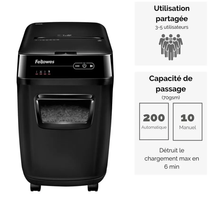 Fellowes AutoMax 200C - destructeur de documents coupe croisée - 200 feuilles - Corbeille 32 litres - anti-bourrage - destruction silencieuse