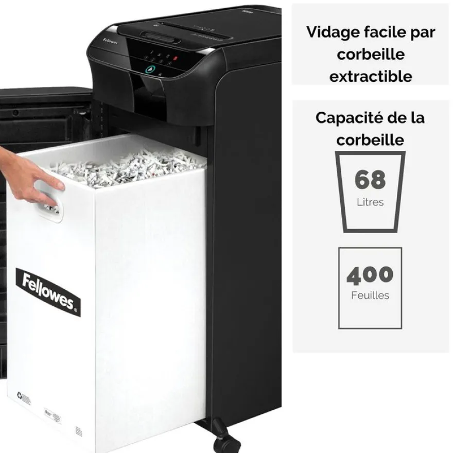 Fellowes AutoMax 350C - destructeur de documents coupe croisée - 350 feuilles - Corbeille 68 litres - anti-bourrage - destruction silencieuse
