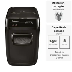 Fellowes AutoMax 150C - destructeur de documents coupe croisée - 150 feuilles - Corbeille 32 litres - anti-bourrage - destruction silencieuse