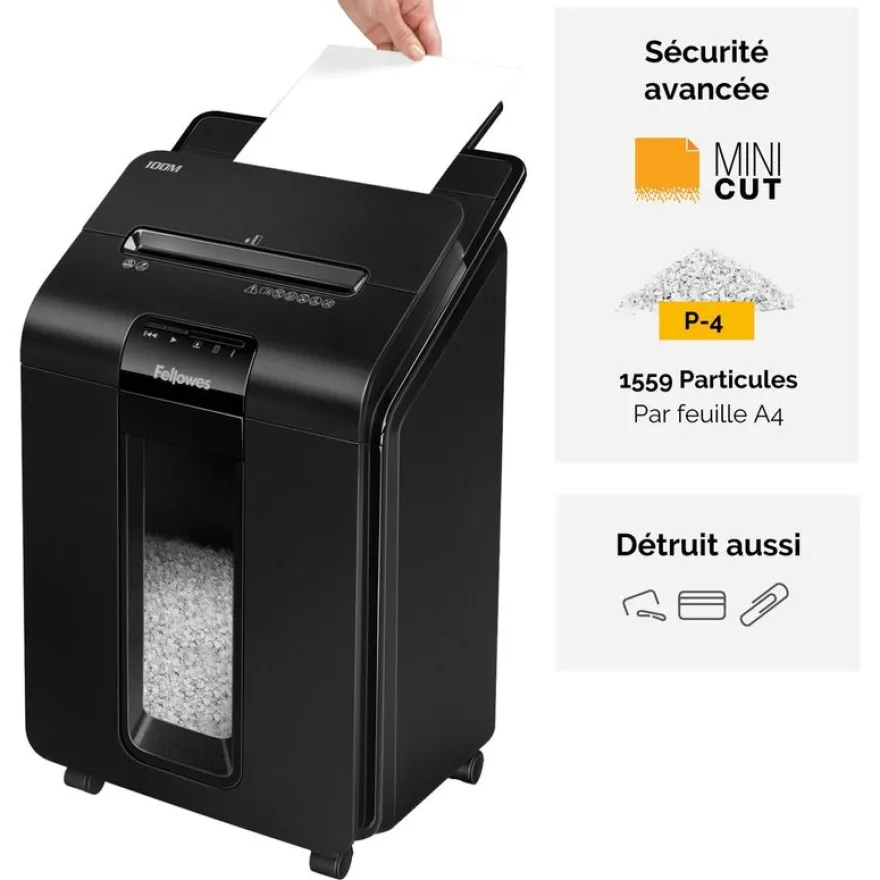 Fellowes AutoMax 100M - destructeur de documents coupe croisée mini-cut - 100 feuilles - Corbeille 23 litres - technologie anti-bourrage