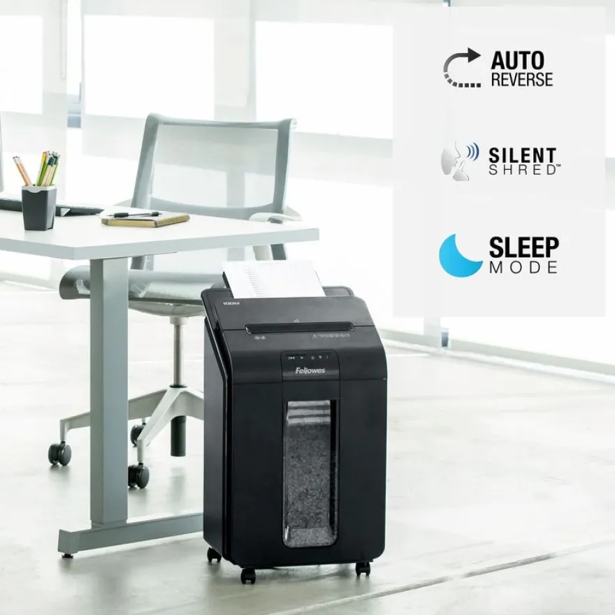 Fellowes AutoMax 100M - destructeur de documents coupe croisée mini-cut - 100 feuilles - Corbeille 23 litres - technologie anti-bourrage