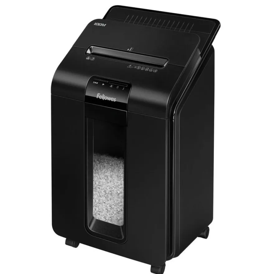 Fellowes AutoMax 100M - destructeur de documents coupe croisée mini-cut - 100 feuilles - Corbeille 23 litres - technologie anti-bourrage
