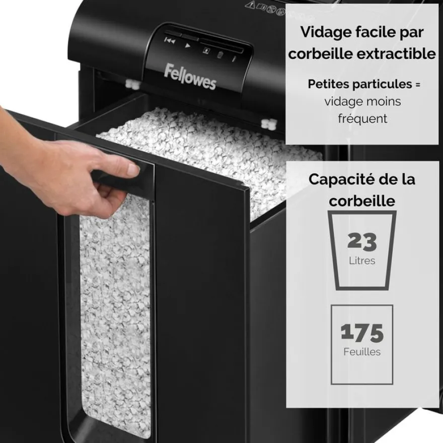 Fellowes AutoMax 100M - destructeur de documents coupe croisée mini-cut - 100 feuilles - Corbeille 23 litres - technologie anti-bourrage