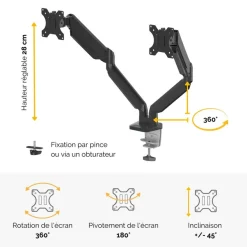 Fellowes Platinum series - Bras porte écran double réglable - fixation sur bureau - noir