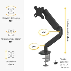 Fellowes Platinum series - Bras porte écran simple réglable - fixation sur bureau - noir