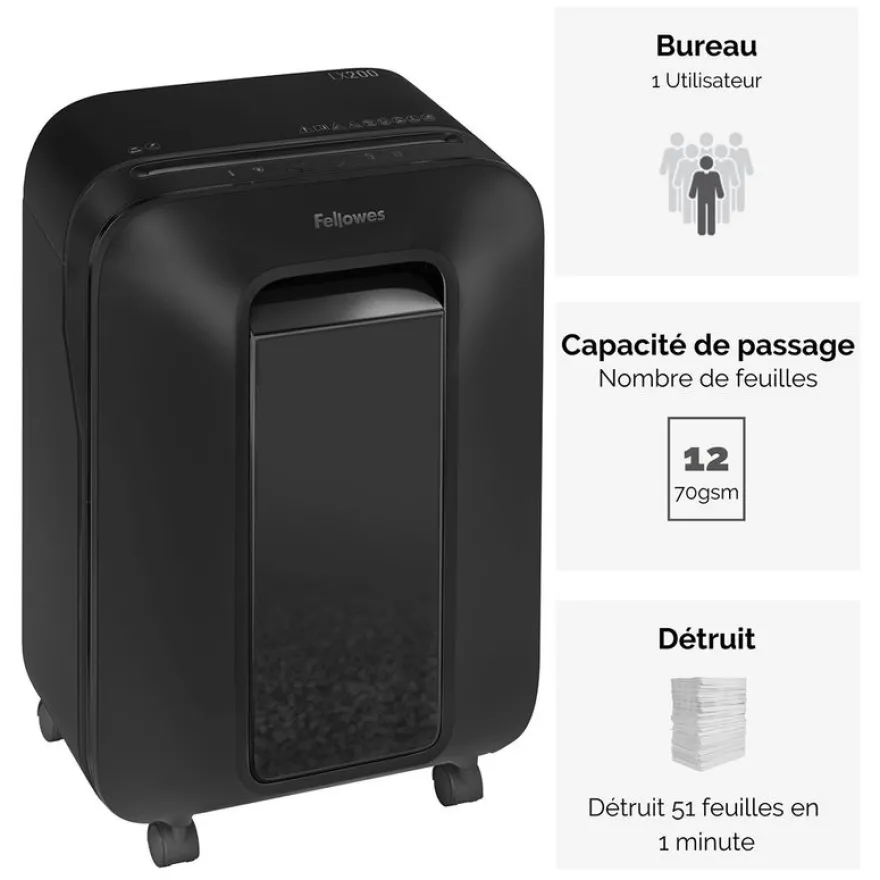 Fellowes Powershred LX200 - destructeur de documents coupe croisée mini-cut - 12 feuilles - Corbeille 22 litres