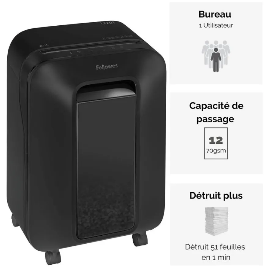 Fellowes Powershred LX201 - destructeur de documents coupe croisée microparticules - 12 feuilles - Corbeille 22 litres - noir
