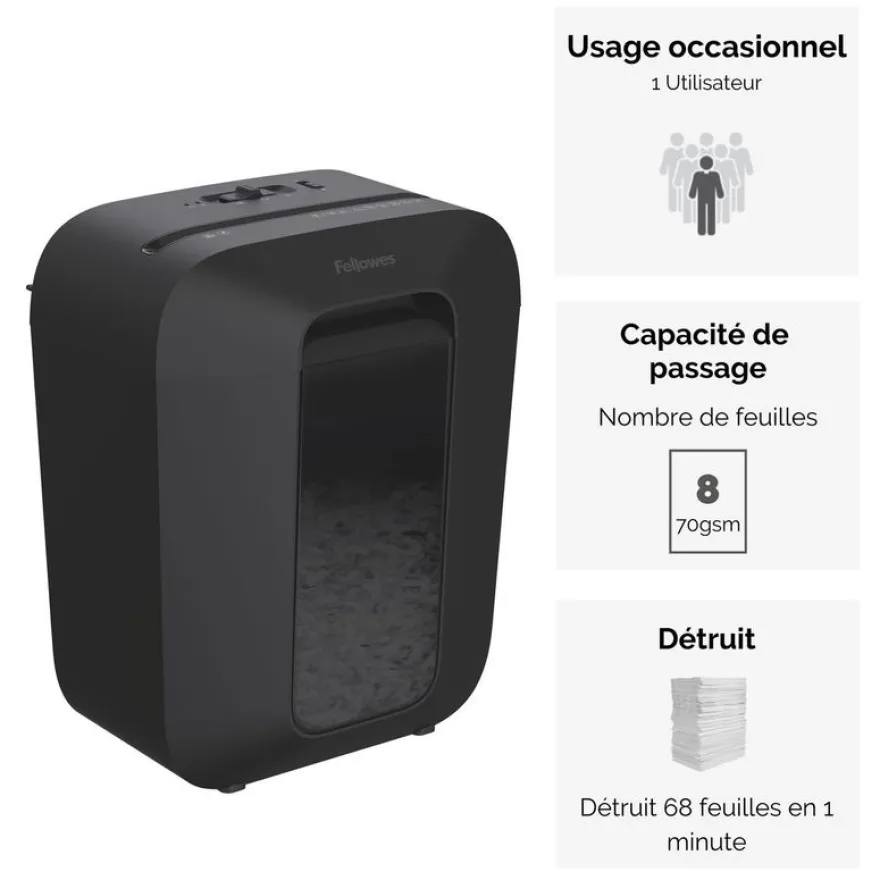 Fellowes Powershred LX45 - destructeur de documents coupe croisée - 8 feuilles - Corbeille 17 litres - verrouillage de sécurité