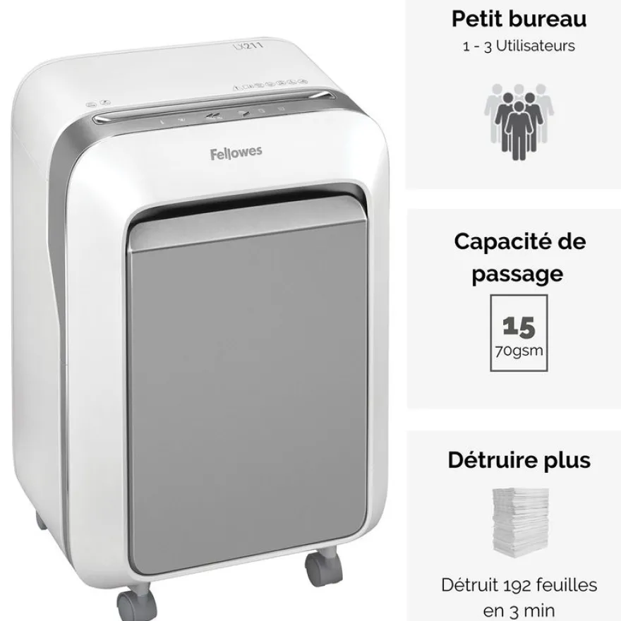 Fellowes Powershred LX211 - destructeur de documents coupe croisée microparticules - 15 feuilles - Corbeille 23 litres - blanc