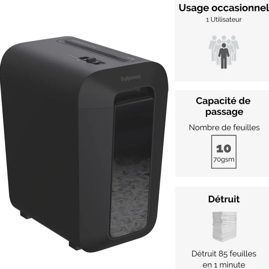 Fellowes Powershred LX65 - destructeur de documents coupe croisée - 10 feuilles - Corbeille 22 litres - noir
