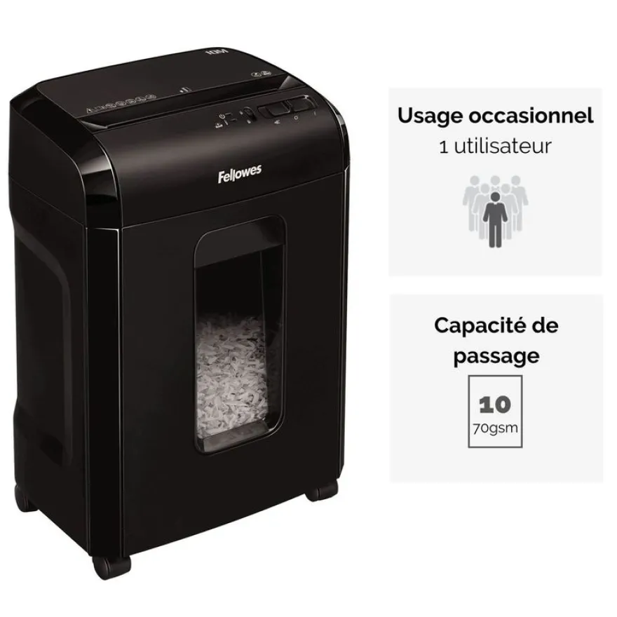 Fellowes Powershred 10M - destructeur de documents coupe croisée microparticules - 10 feuilles - Corbeille 19 litres