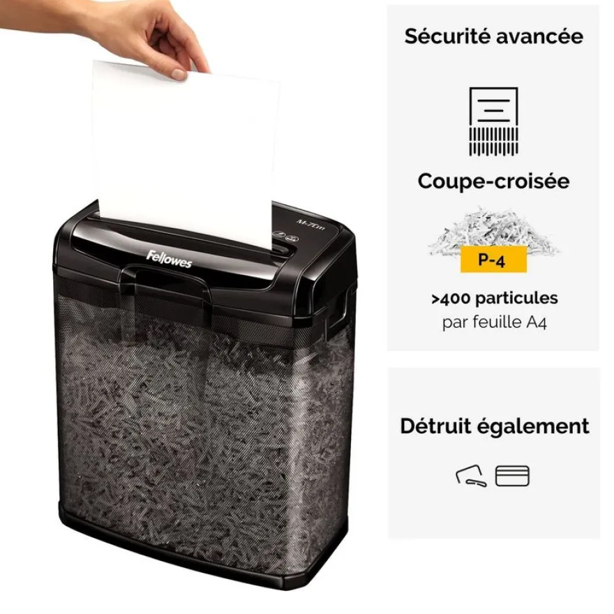 Fellowes Powershred M-7CM - destructeur de documents coupe croisée - 7 feuilles - Corbeille 13 litres transparente en maille