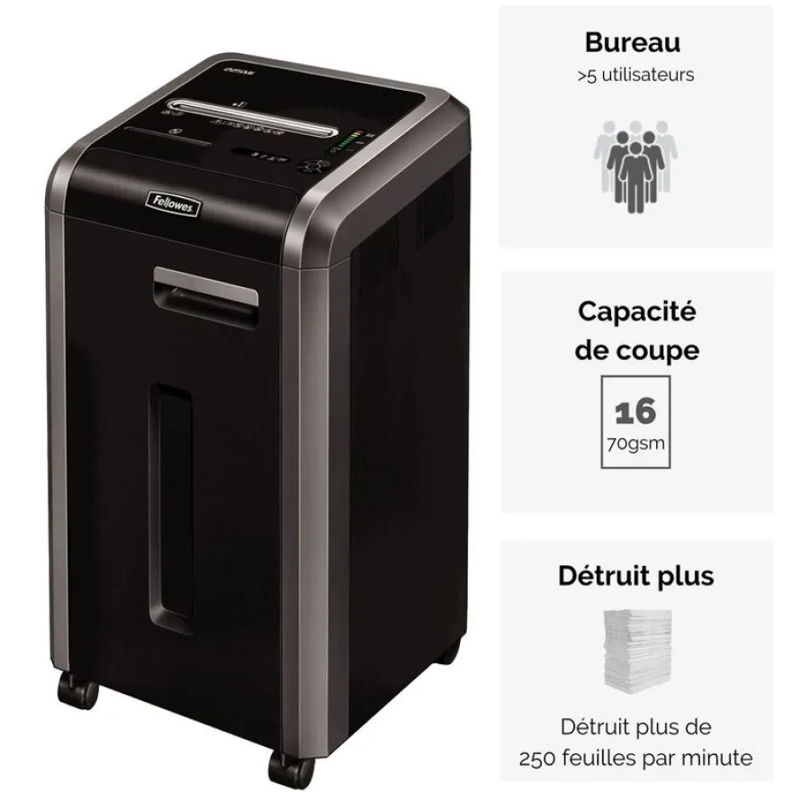 Fellowes Powershred 225Mi - destructeur de documents coupe croisée microparticules - 16 feuilles - Corbeille 60 litres