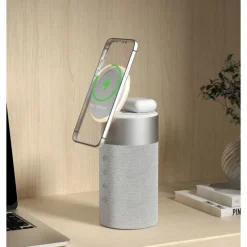 Force Play - Double chargeur sans fil (15W + 5W) Compatible MagSafe + Enceinte Bluetooth Silver