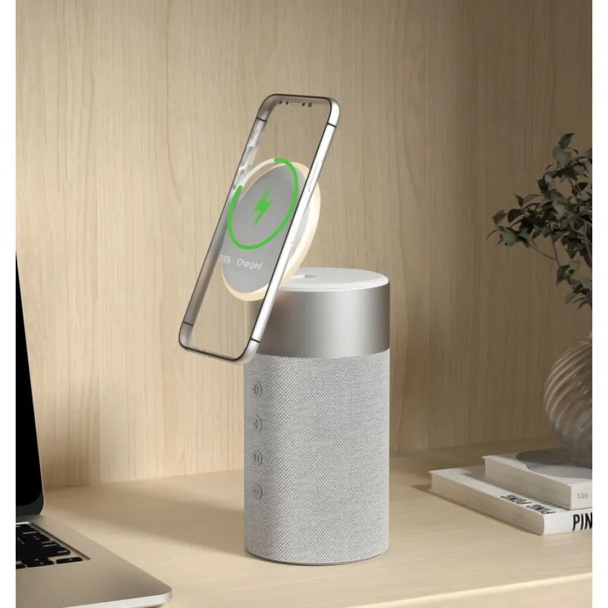 Force Play - Double chargeur sans fil (15W + 5W) Compatible MagSafe + Enceinte Bluetooth Silver