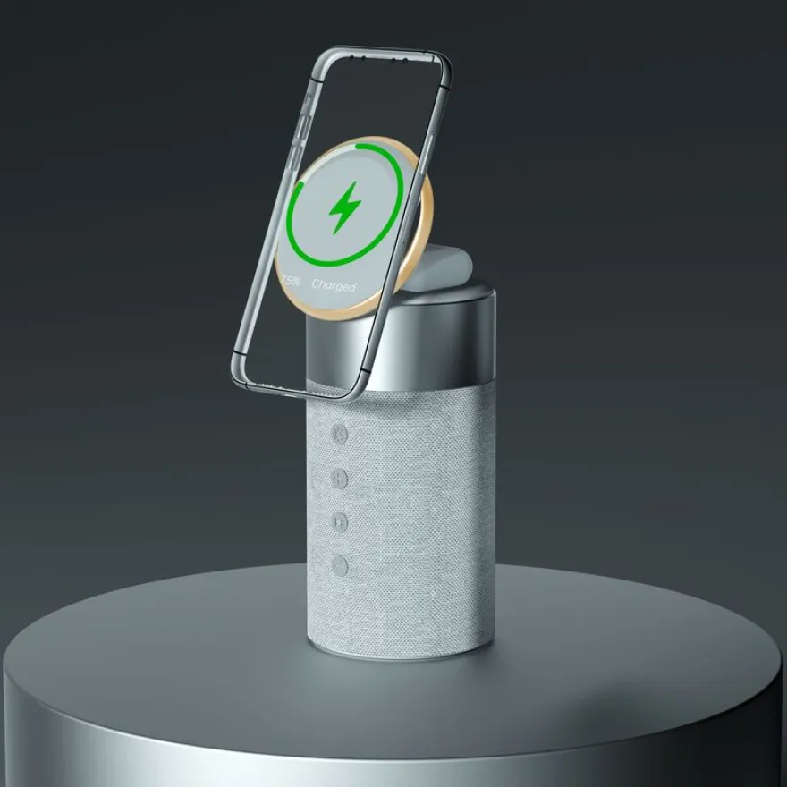 Force Play - Double chargeur sans fil (15W + 5W) Compatible MagSafe + Enceinte Bluetooth Silver