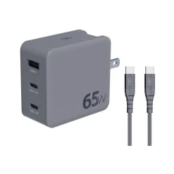 Force Power - Adaptateur secteur - technologie GaN - 65 Watt - PD - 3 connecteurs de sortie (USB, 2 x USB-C) - gris