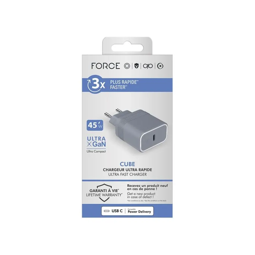 Force Power - Adaptateur secteur - technologie GaN - 45 Wh - PD (24 pin USB-C) - gris