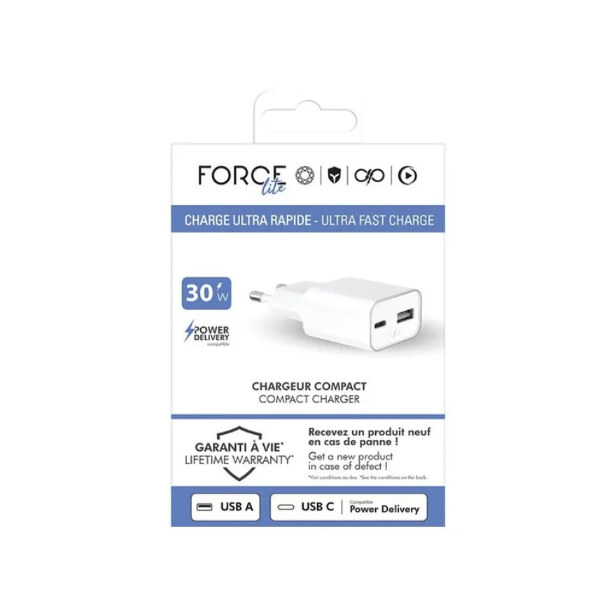 Force Power Lite - Adaptateur secteur - GaN - 30 Wh - PD - 2 connecteurs de sortie (USB, 24 pin USB-C) - blanc