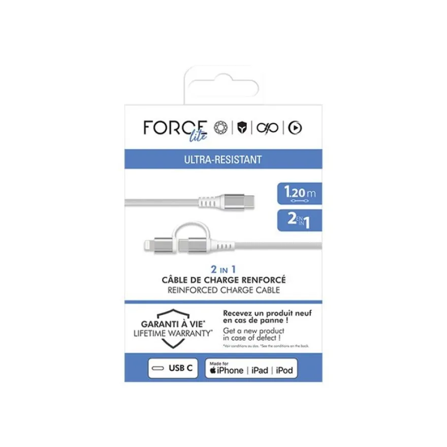 Force Power Lite - Câble USB - 24 pin USB-C (M) pour Lightning, 24 pin USB-C (M) - 3 A - 1.2 m - Prise en charge de Power Delivery, câble renforcé, solide - blanc