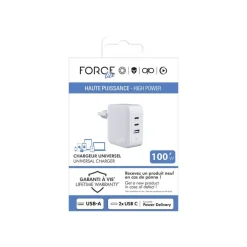 Force Power Lite - Chargeur secteur - 100 Watt - 3 connecteurs de sortie (USB, 2 x USB-C) - blanc