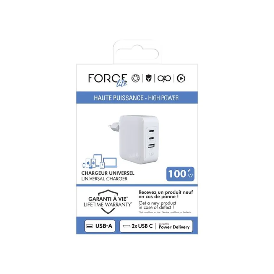 Force Power Lite - Chargeur secteur - 100 Watt - 3 connecteurs de sortie (USB, 2 x USB-C) - blanc