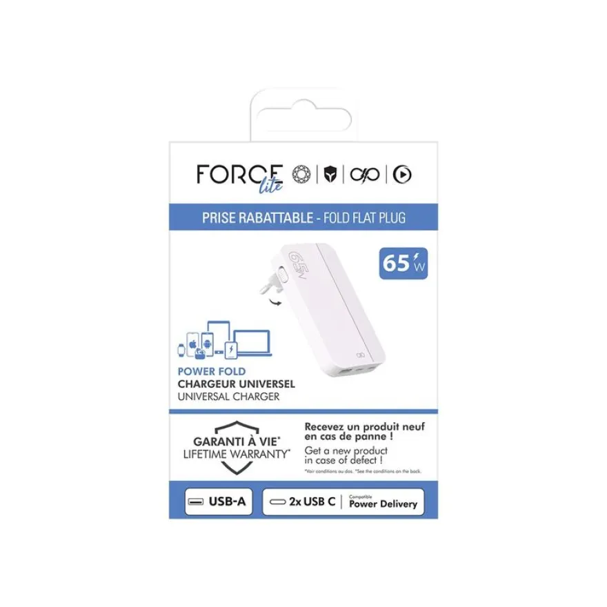 Force Power Lite - Chargeur secteur - 65 Wh - 3 connecteurs de sortie (USB, 2 x USB-C) - blanc