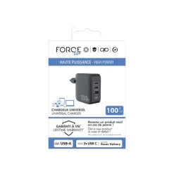 Force Power Lite - Chargeur secteur - 100 Watt - 3 connecteurs de sortie (USB, 2 x USB-C) - noir