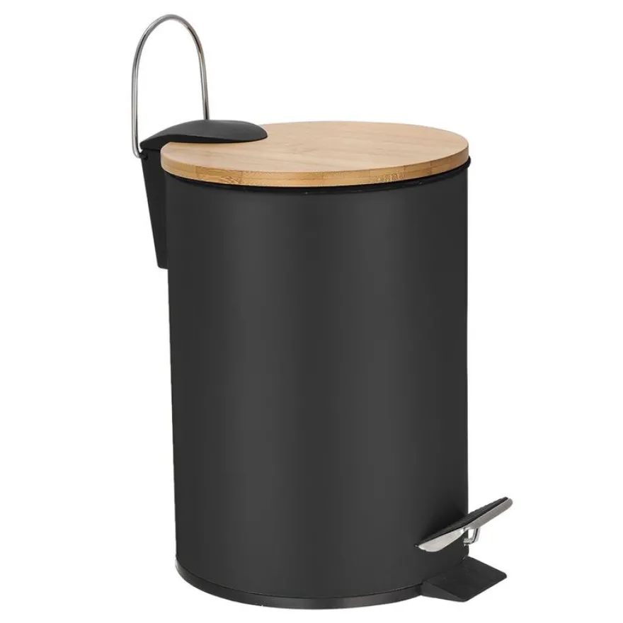 Frandis - Poubelle de salle de bain avec couvercle en bambou - 3L - noir