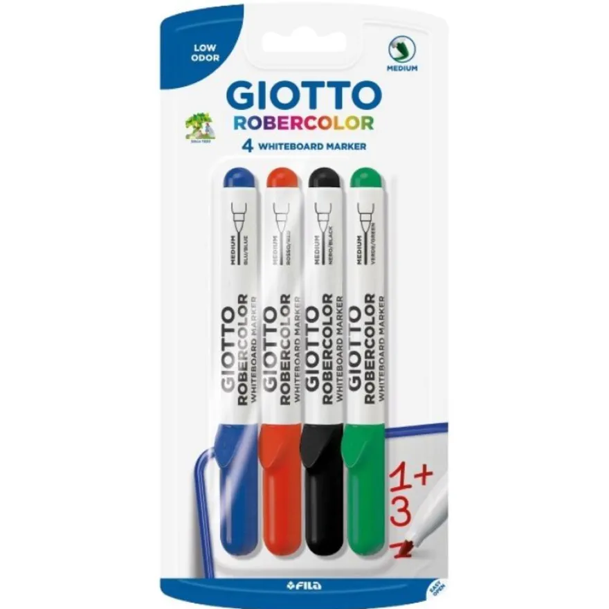 GIOTTO Robercolor - étui 4 feutres tableau blanc - pointe ogive medium 4mm (bleu rouge noir vert)