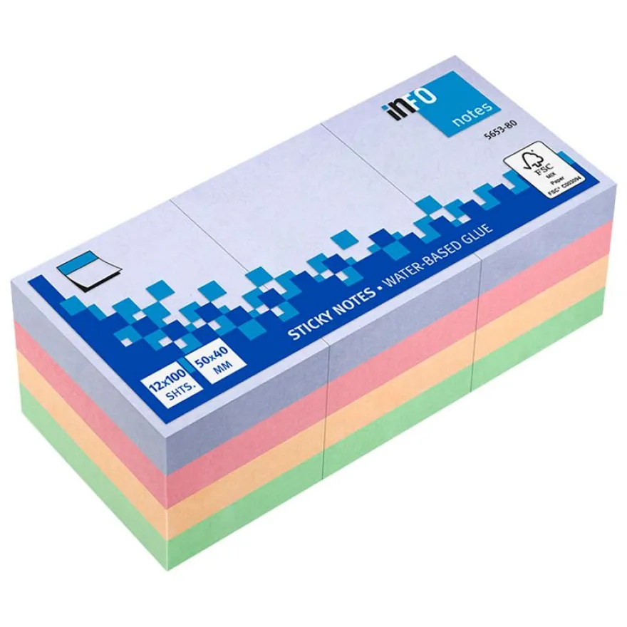 Global Notes - Pack de 12 Blocs - Notes adhésives 100 feuilles - 50 x 40 mm - couleurs harmony