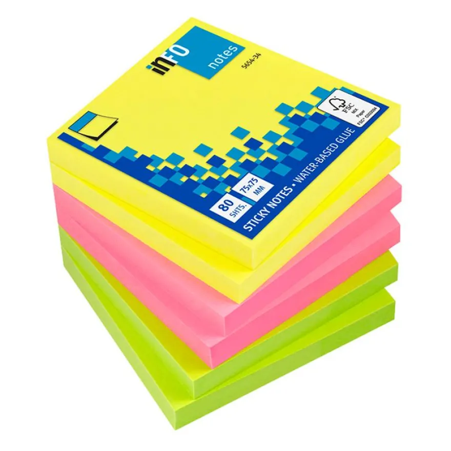 Global Notes - Pack de 6 Blocs - Notes adhésives 80 feuilles - 75 x 75 mm - couleurs assorties