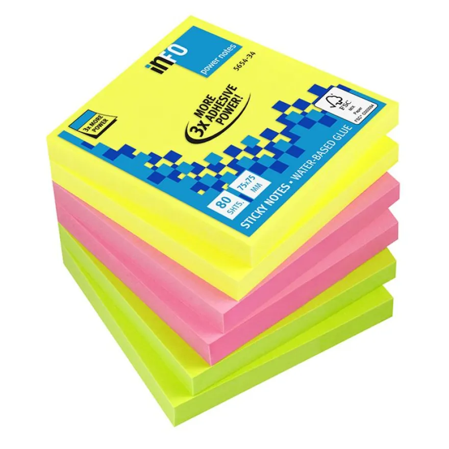 Global Notes - Pack de 6 Blocs - Notes adhésives - Pouvoir 3 fois plus adhésif - 80 feuilles - 75 x 75 mm - couleurs assorties