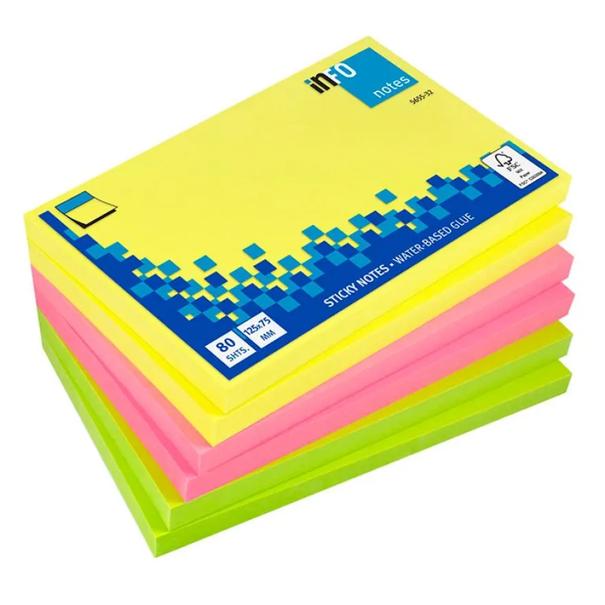 Global Notes - Pack de 6 Blocs - Notes adhésives 80 feuilles - 75 x 125 mm - couleurs assorties