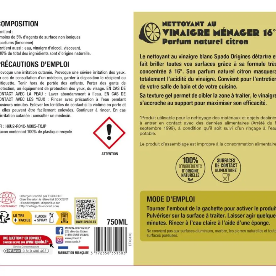 Gloss - Vinaigre Blanc produit de nettoyage / détartrage - vaporisateur 750 ml - citron