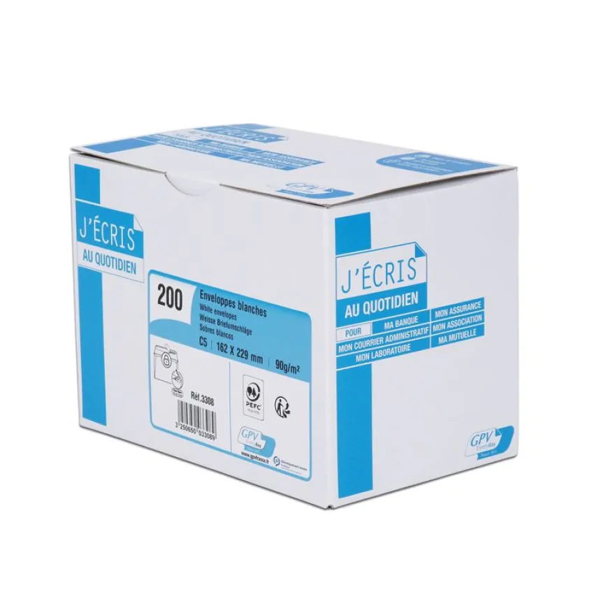 GPV - 200 Enveloppes C5 162 x 229 mm - 90 gr - sans fenêtre - blanc - bande adhésive ouverture rapide