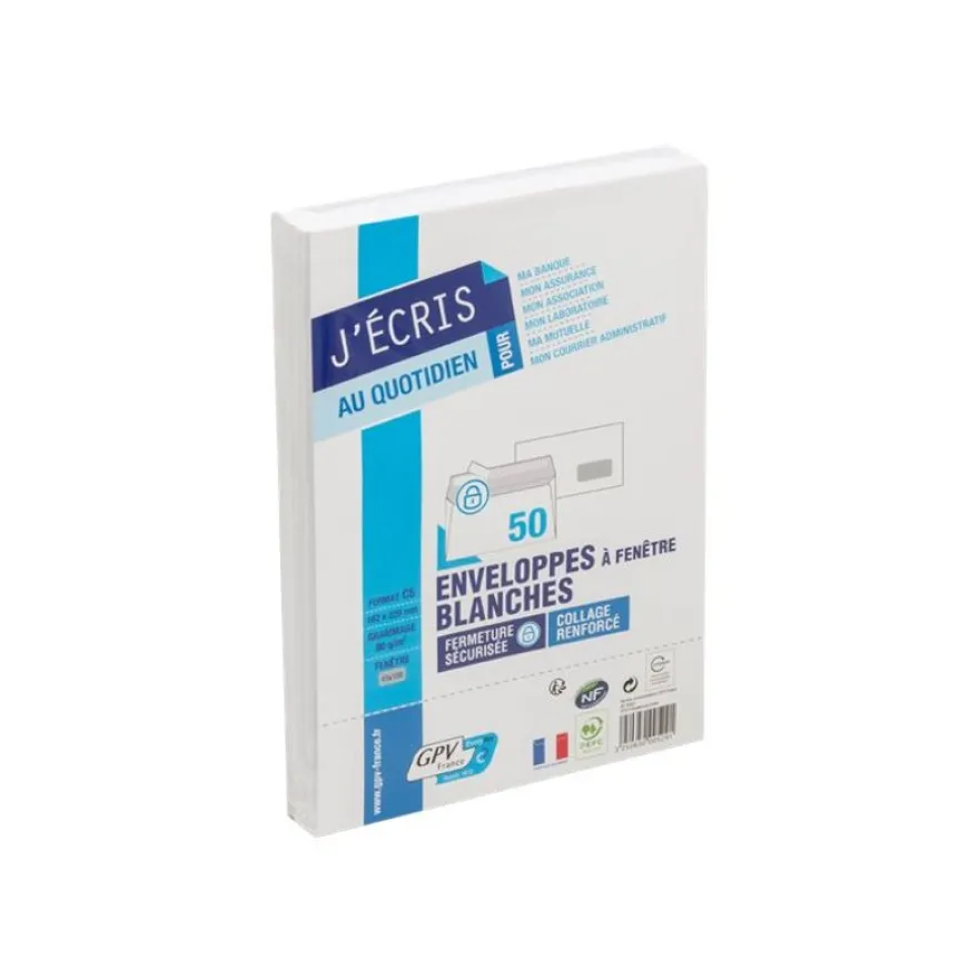 GPV - 50 Enveloppes C5 162 x 229 mm - 80 gr - fenêtre 45x100 mm - blanc - bande adhésive