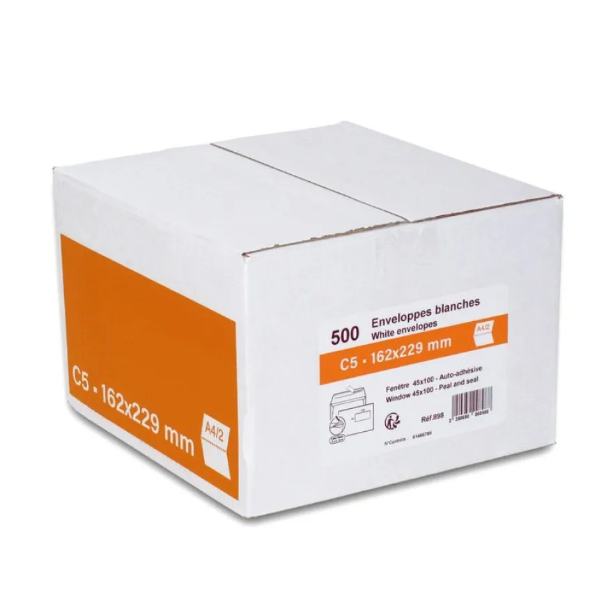 GPV - 500 Enveloppes C5 162 x 229 mm - 80 gr - fenêtre 45x100 mm - blanc - bande adhésive