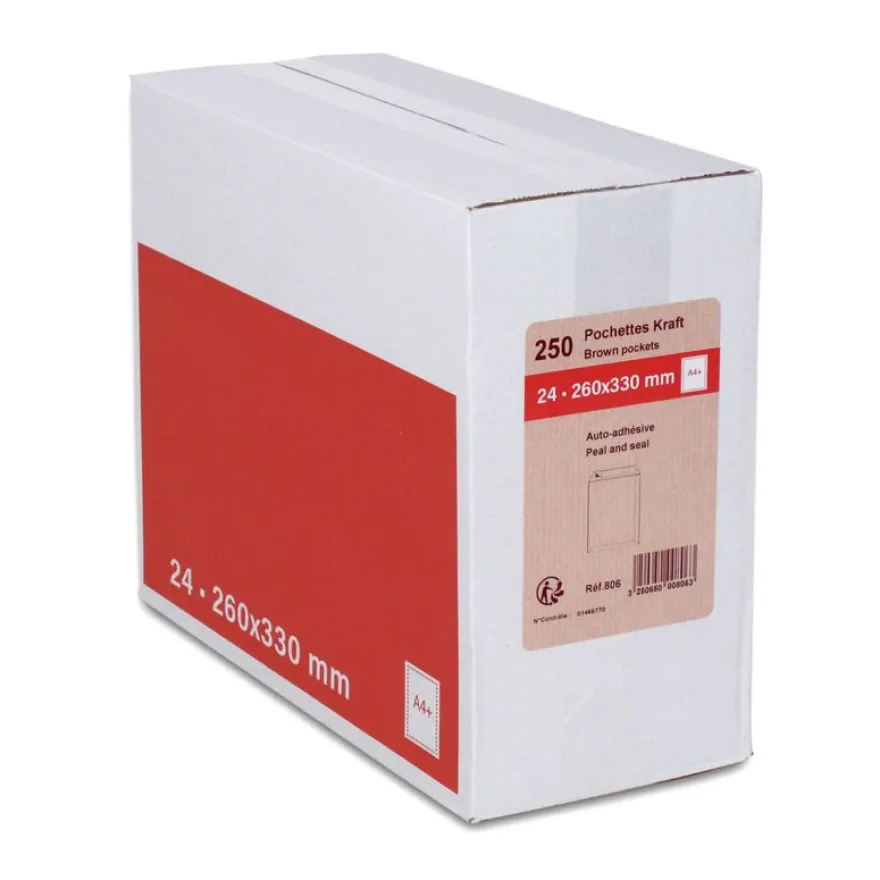 GPV - 250 Pochettes Enveloppes 24 260 x 330 mm - 90 gr - sans fenêtre - kraft - bande adhésive